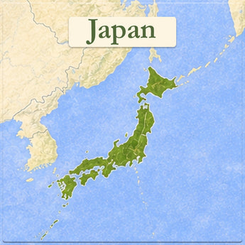 A map-style graphic highlighting Japan in green, with surrounding blue ocean and beige landmasses. A cream label at the top reads “Japan.