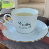 Drinking Ceylon Rainforest Green tea at Lumbini Tea Factory