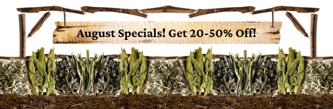 A promotional banner with a wooden sign reading 'August Specials! Get 20-50% Off!' above rows of green leafy plants in a garden bed against a white background.